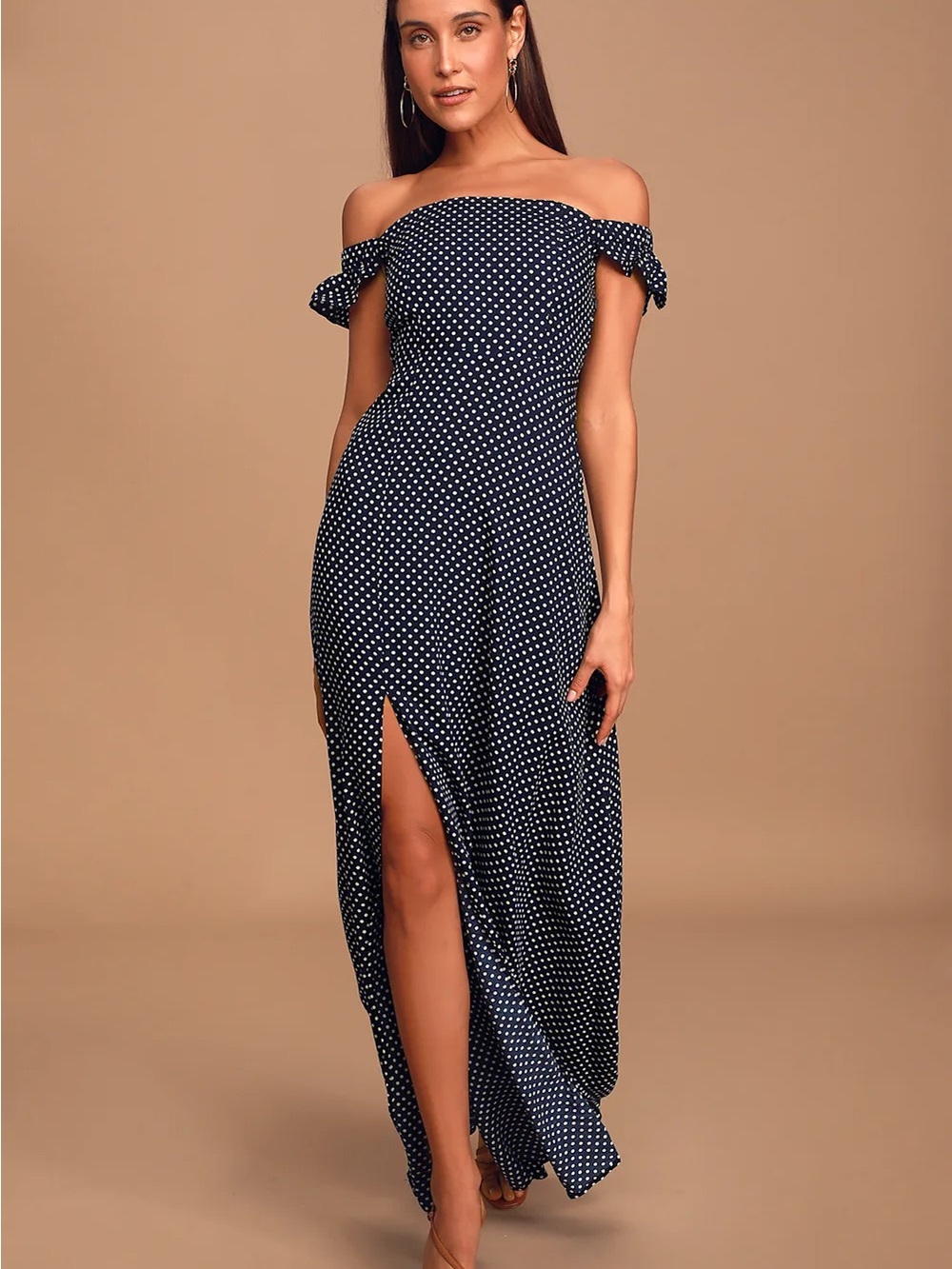 Lulu's Navy and White Polka Dot Off-Shoulder Maxi Dress
